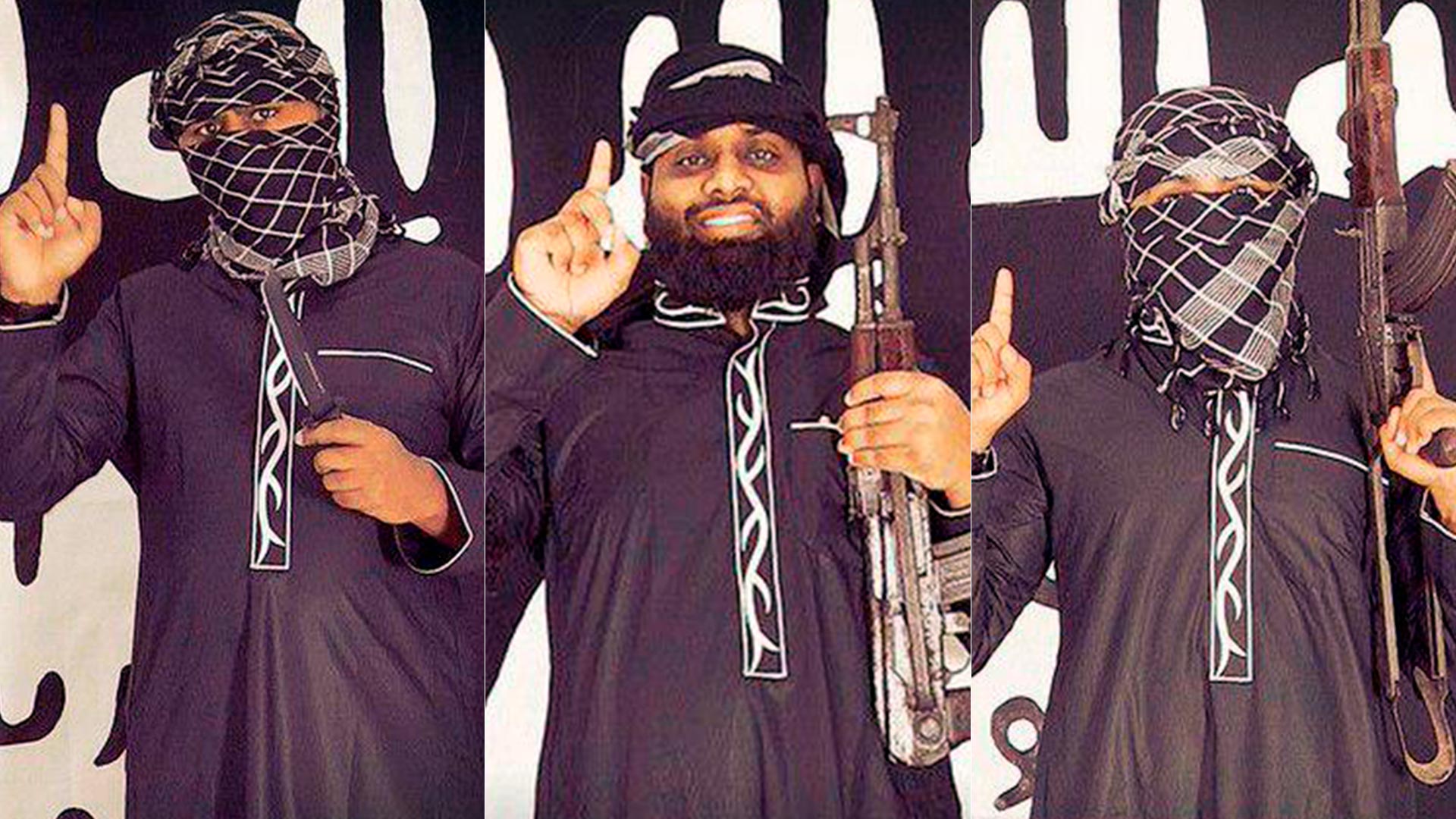 Tres de los presuntos terroristas que se hicieron explotar. En el centro figura Zahran Hashim, presunto líder de una célula escindida de un grupo extremista local que se habría unido al ISIS