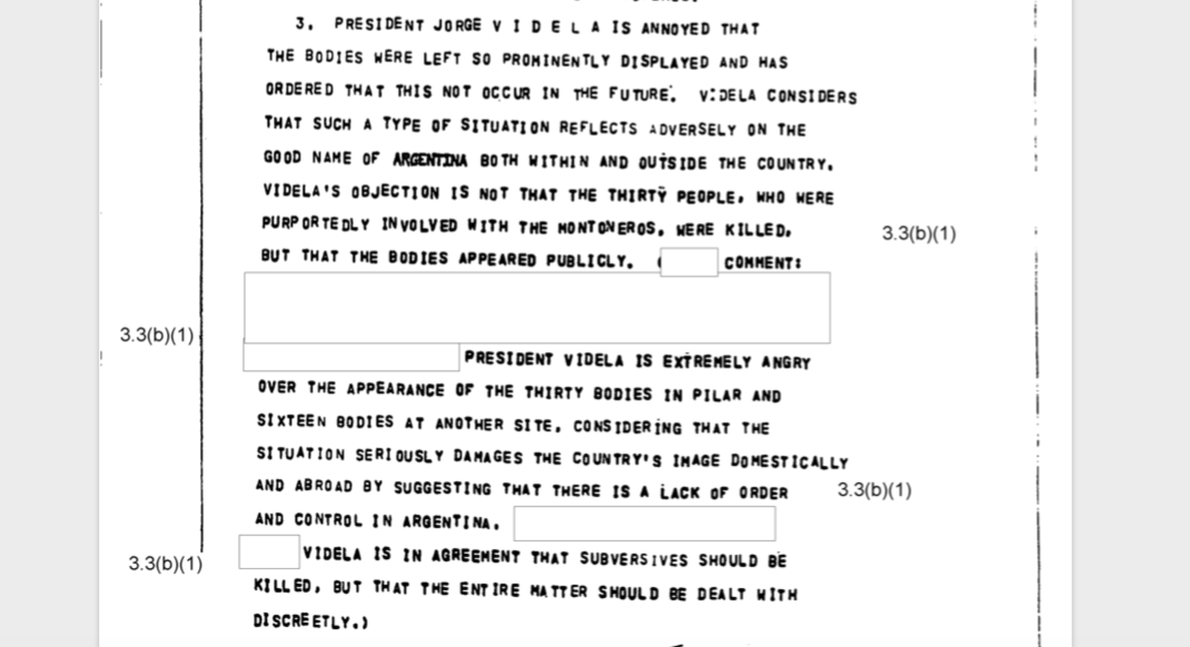 Videla se molestó mucho con la exhibición de la Masacre de Fátima, según enfatizó la CIA en un documento de los mismos días de los hechos.