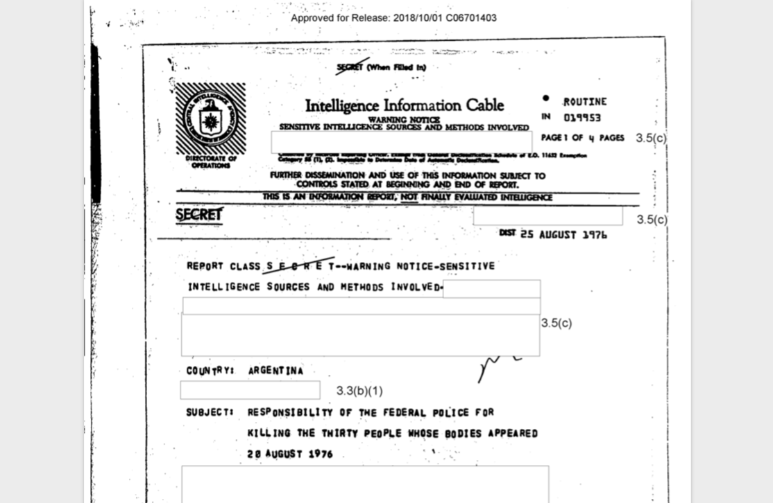 Uno de los documentos desclasificados de la CIA alude a la matanza de 30 personas que se conoció luego como la Masacre de Fátima.