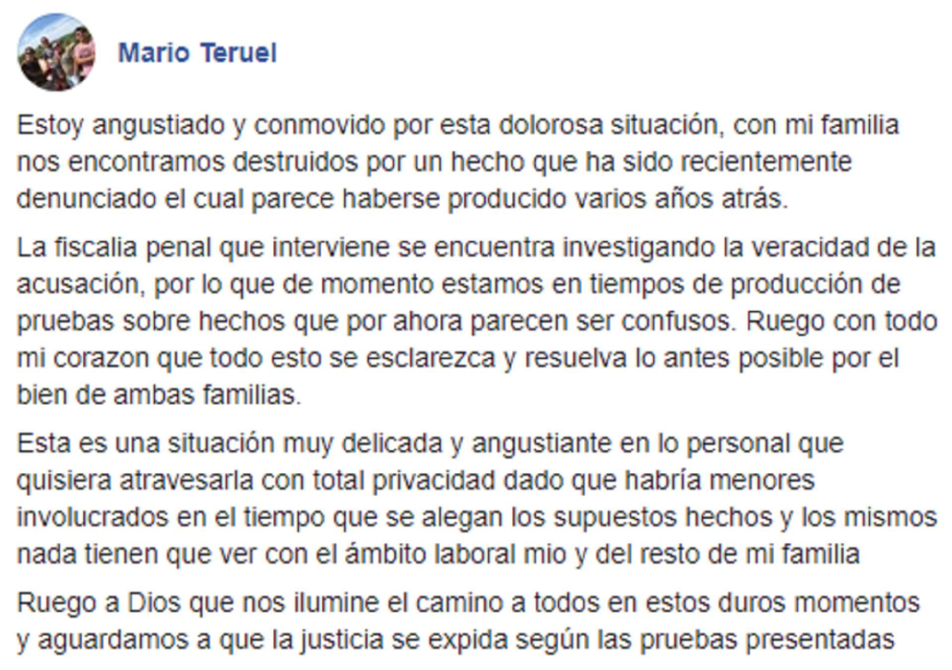El comunicado de Mario Teruel, el padre del imputado, en sus redes sociales