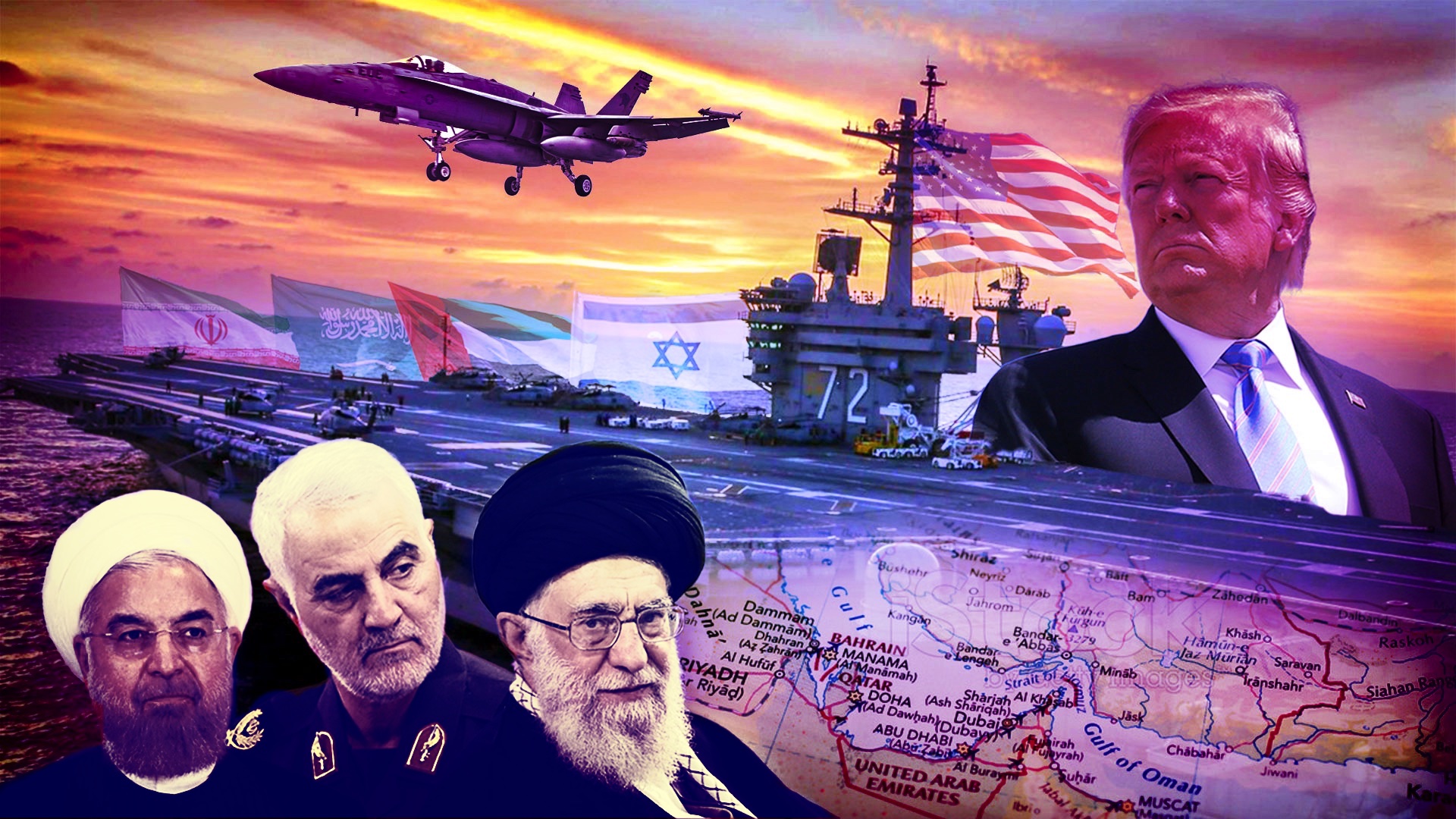 El ayatollah Ali Khamenei, Qassem Soleimani y Hassan Rouhani. En frente, Donald Trump y su poderoso portaaviones US Abraham Lincoln