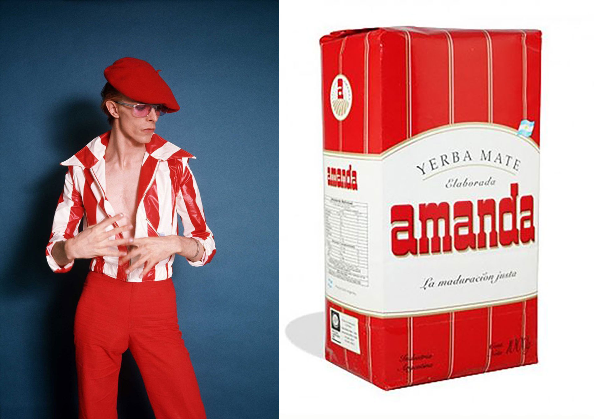 Boina, gafas, pantalón y chaqueta en rojo y blanco, como la yerba mate “Amanda”