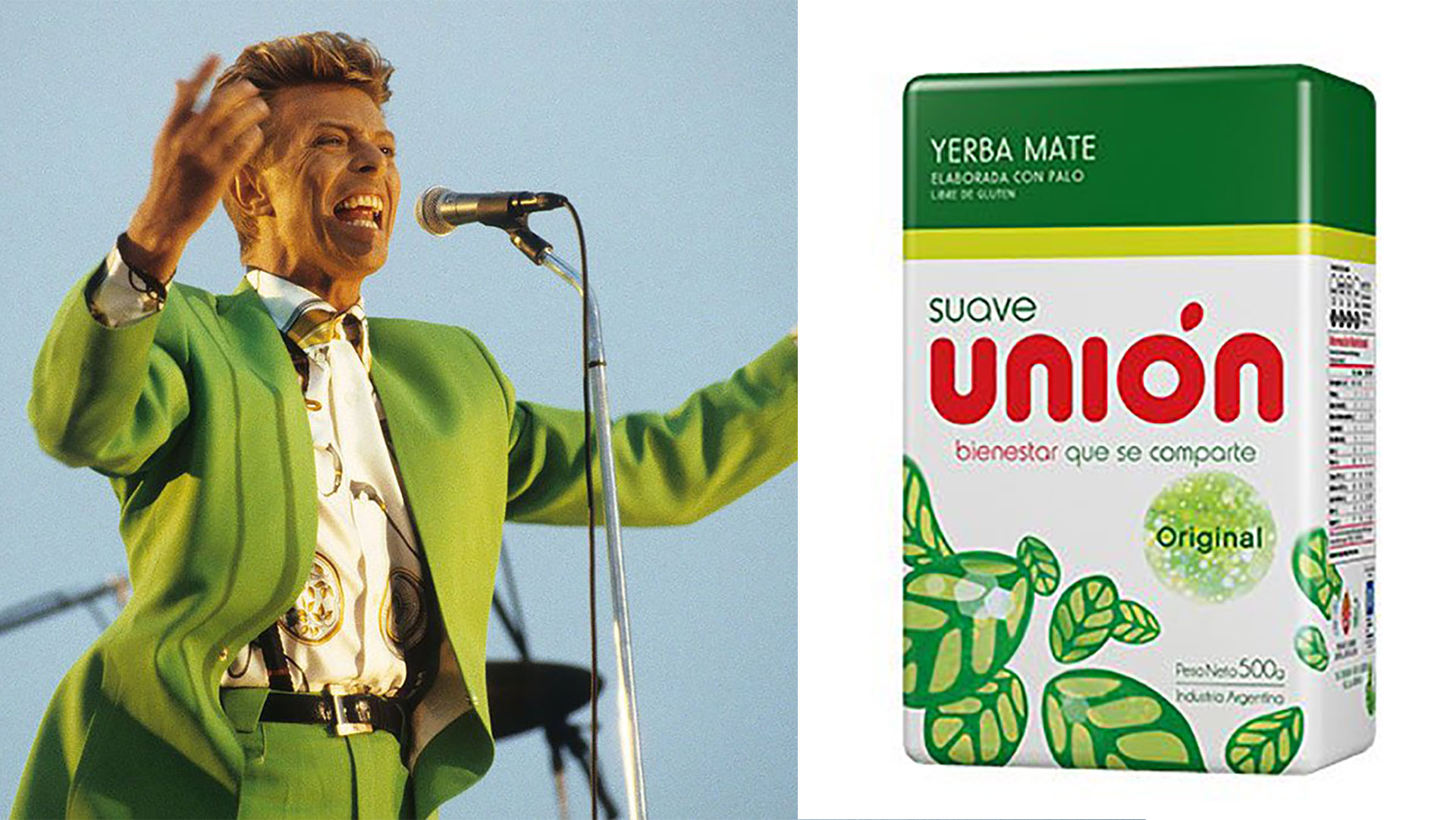 El usuario @WilburyMax hurgó entre los distintos looks en la historia de Bowie y encontró uno en el que apeló a saco y pantalón verde que combinó con una camisa blanca, la misma tonalidad de yerba mate “Unión”