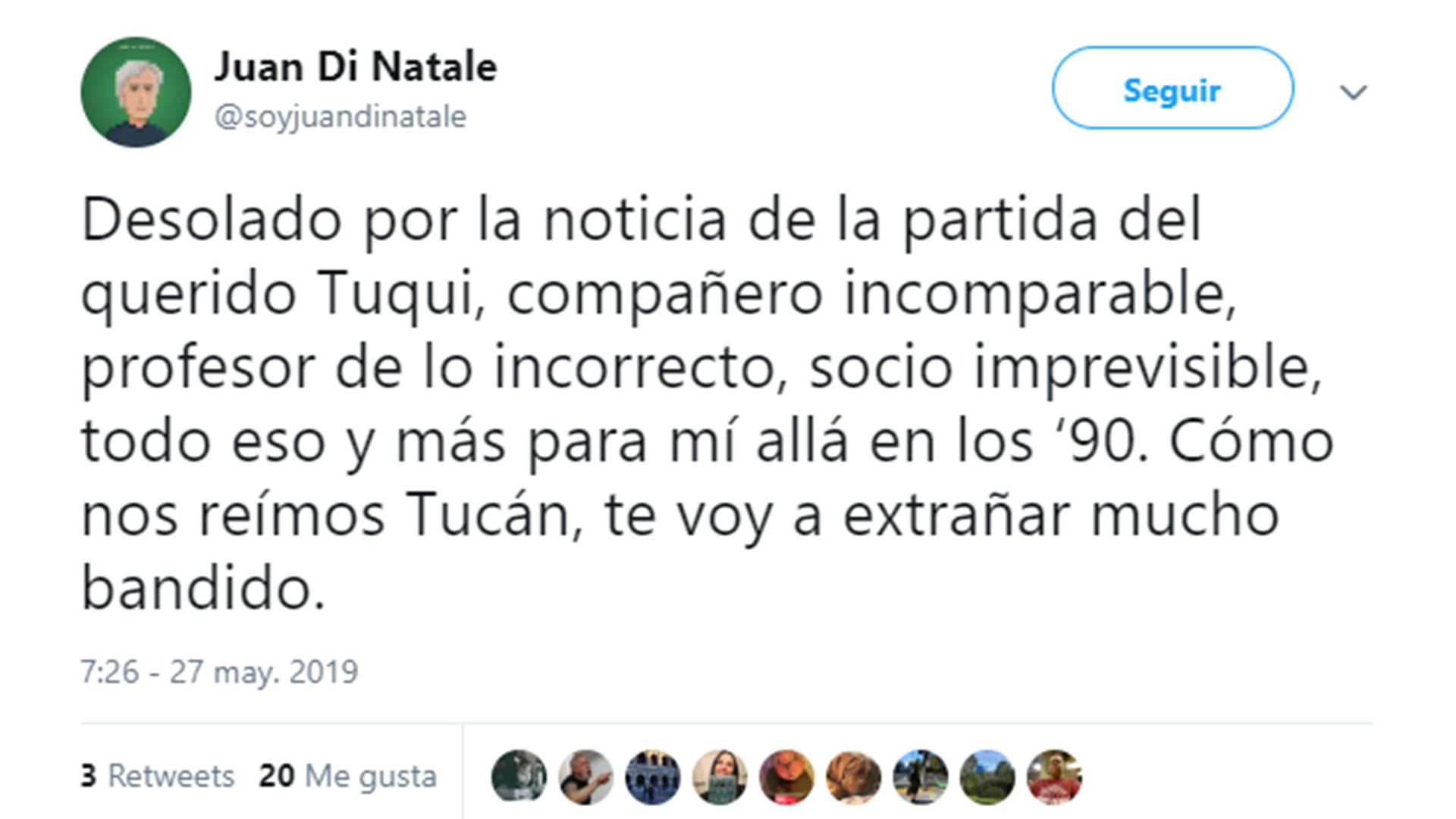 El conmovedor mensaje que publicó Juan Di Natale sobre la pérdida de su colega (Twitter)