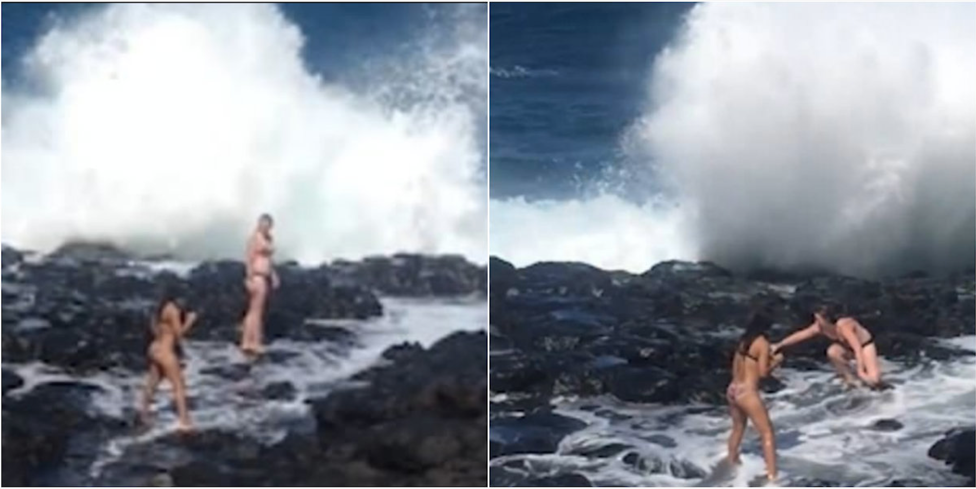 Los dos turistas intentaban capturar la foto perfecta en Hawái al borde del agua a pesar de las olas rompiendo Foto: DailyMail
