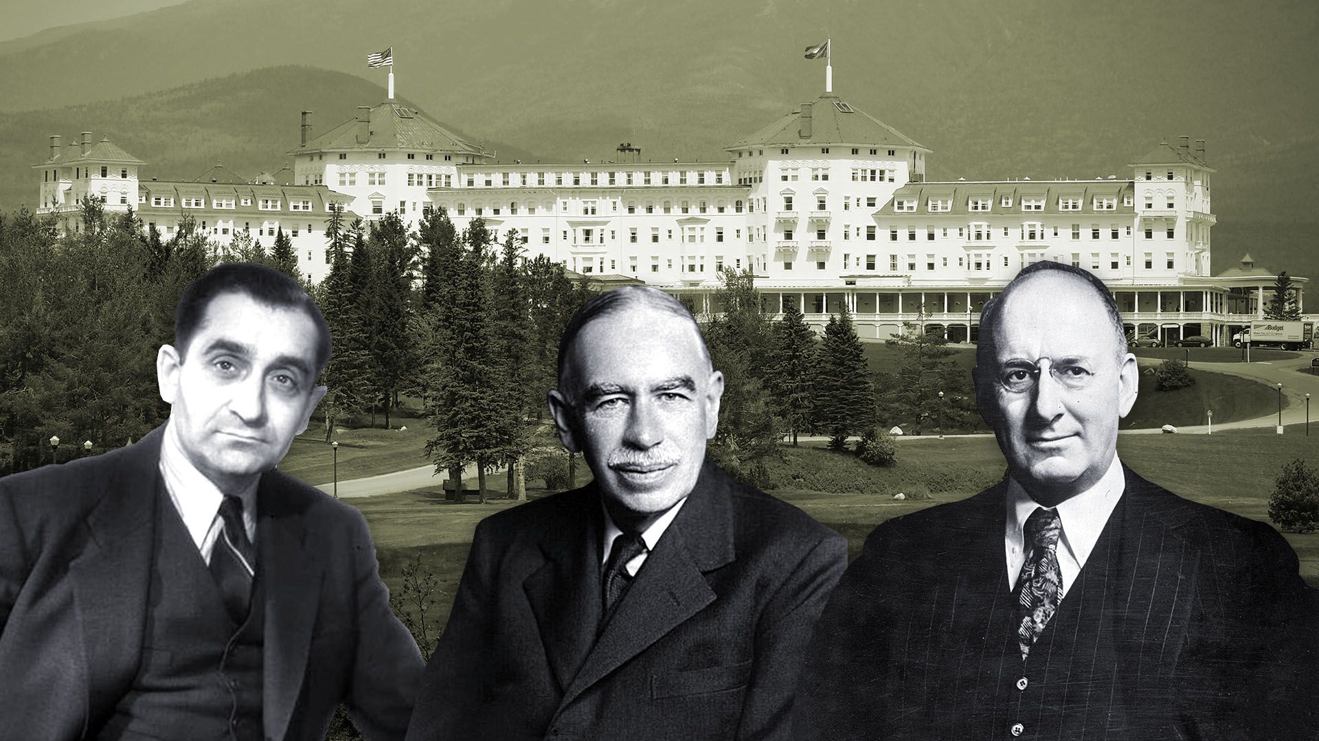De izquierda a derecha, Pierre Mendès France, John Maynard Keynes y Henry Morgenthau Jr., representantes de Francia, Reino Unido y Estados Unidos en la conferencia de Bretton Woods