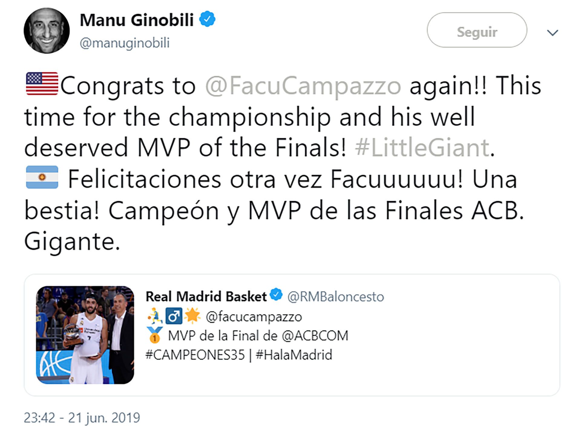 El saludo de Ginóbili para felicitar a Campazzo por el título con el Real Madrid