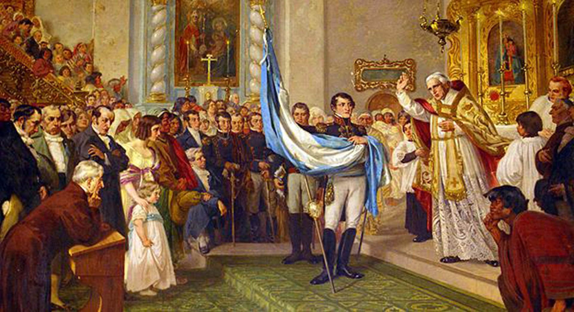 Bendición de la bandera por Juan Ignacio Gorriti en la iglesia matriz de San Salvador de Jujuy, sostenida por Manuel Belgrano. Óleo de Luis de Servi