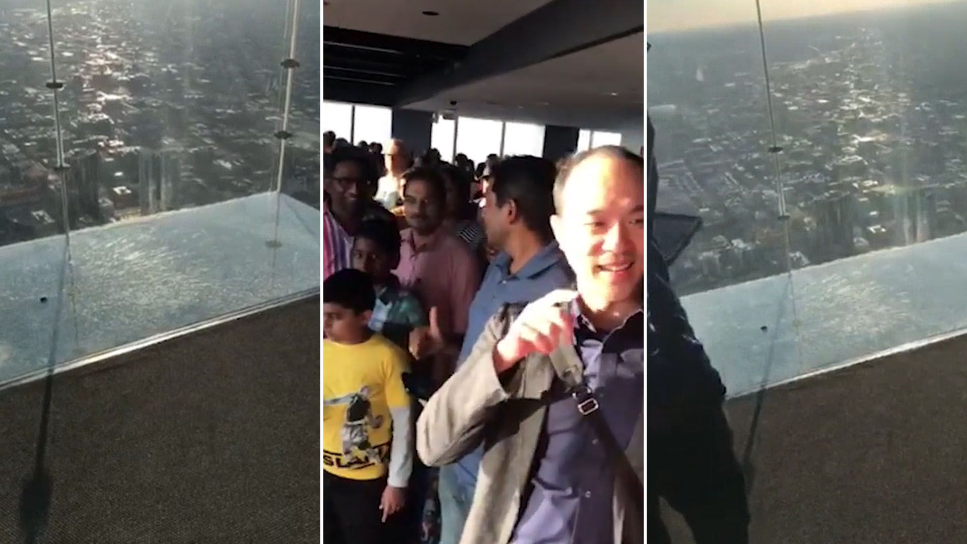 El SkyDeck de la torre se “astilló en miles de pedazos”, asustando a los turistas que visitaban en ese momento el mirador (Foto: captura de pantalla video Facebook @JesúsPc)