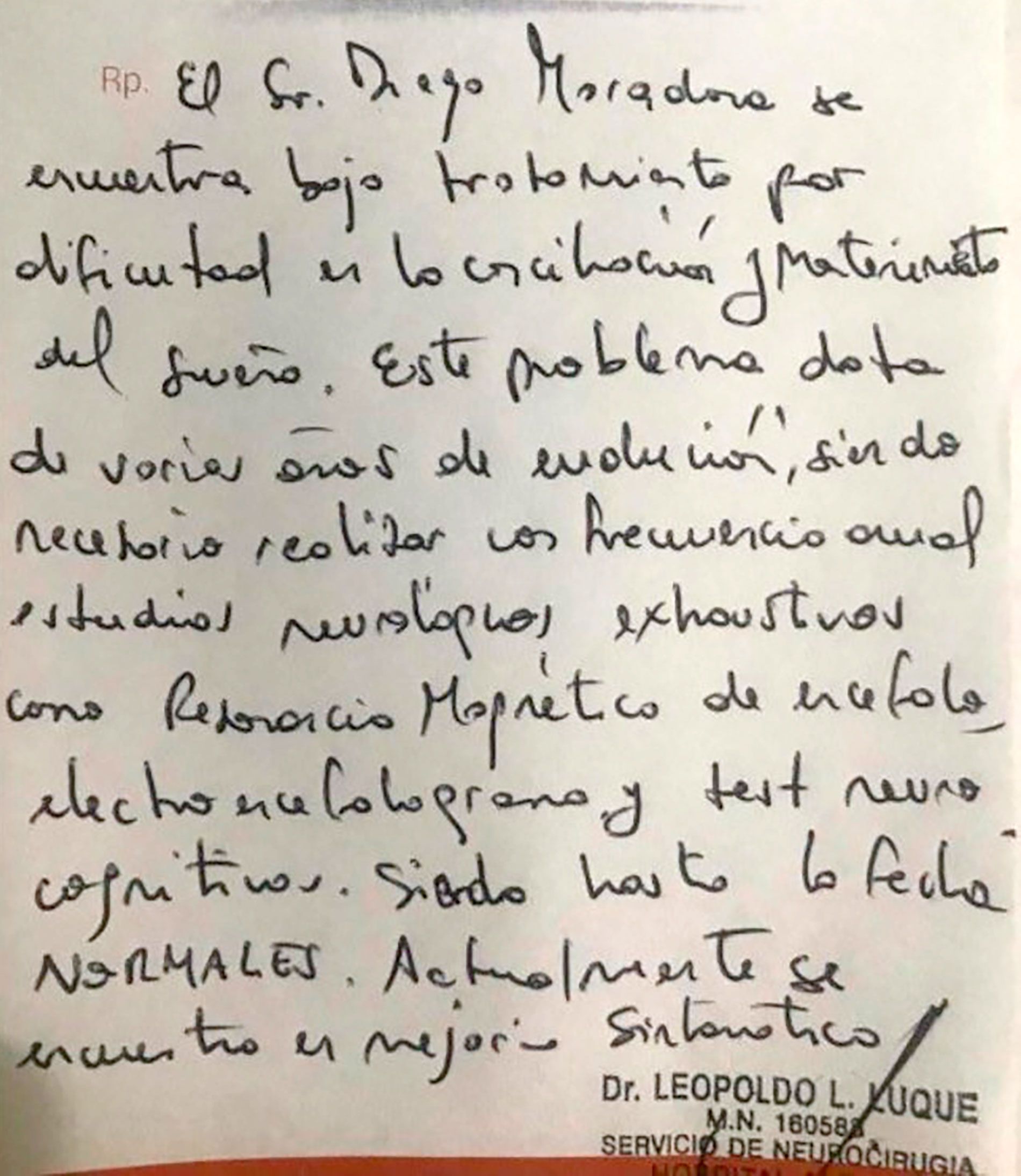 El documento con el diagnóstico oficial del cuadro que padece Maradona