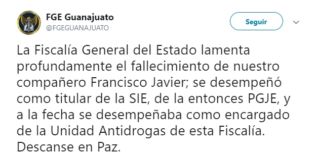 La Fiscalía General del Estado condenó enérgicamente los hechos donde perdió la vida uno de sus funcionarios (Foto: Twitter @FGEGUANAJUATO)