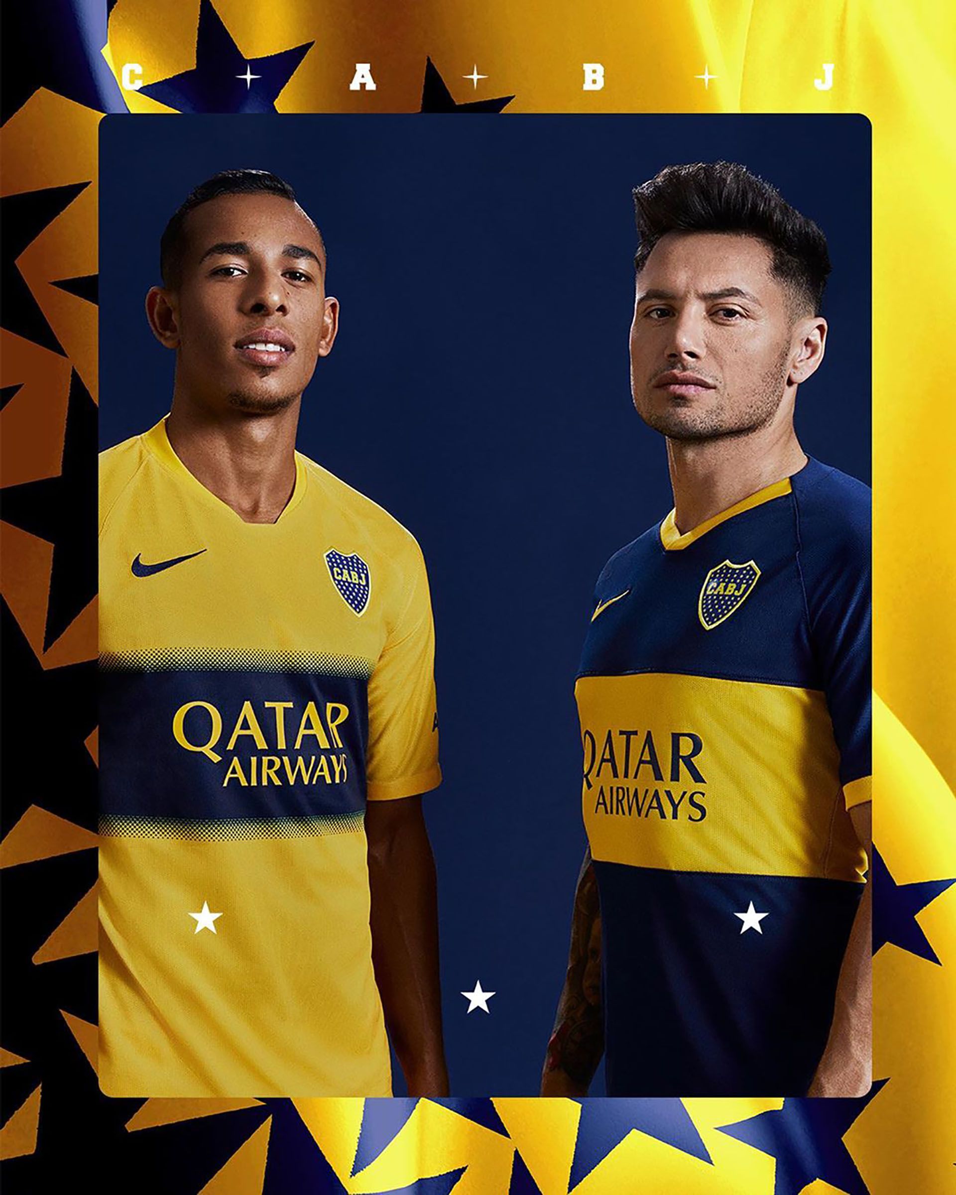 Mauro Zárate y Sebastián Villa, dos de los modelos elegidos para presentar la nueva camiseta de Boca con la firma Nike que se despedirá a fin de 2019 (@bocajrsoficial)