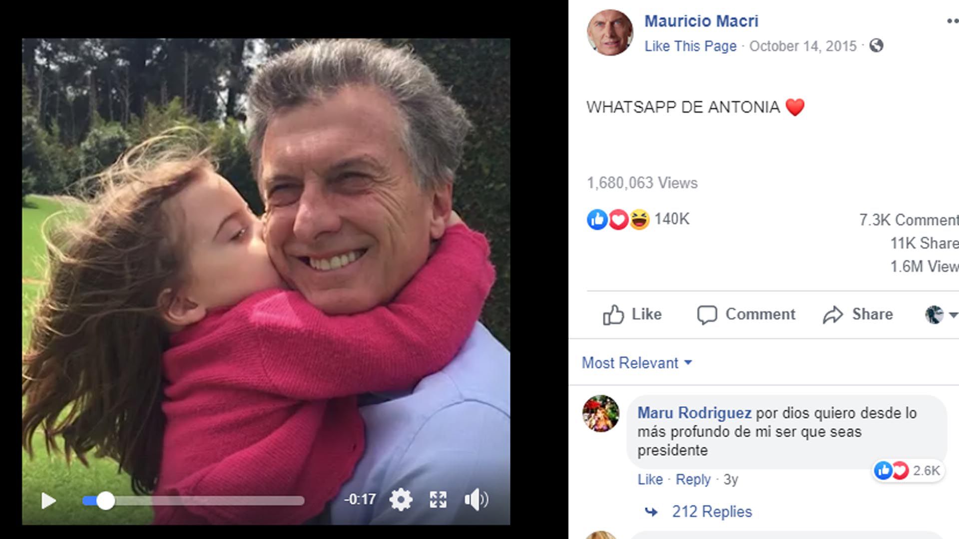 Uno de los posteos que mayor interacción tuvo muestra a Macri con su hija Antonia, y un mensaje de WhatsApp que le mandó después de un acto