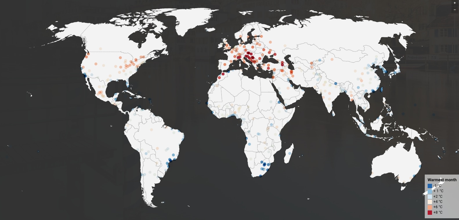 El mapa de los investigadores muestra cuánto aumentará la temperatura en distintas ciudades.