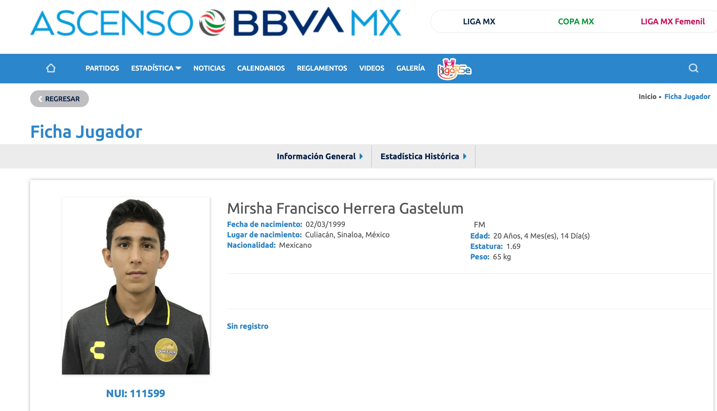 La ficha de Herrera Gastélum en la Liga mexicana de fútbol (Foto: Ascenso MX)
