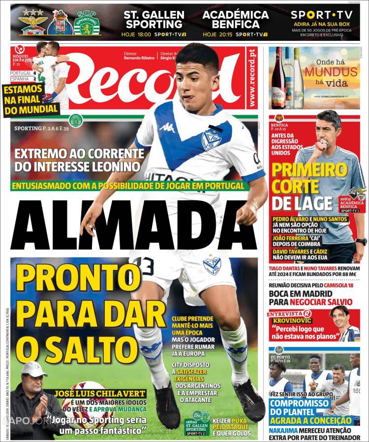 La tapa de Record de este sábado sobre la trama entre el Sporting de Lisboa y el Manchester City para comprar la ficha de Almada