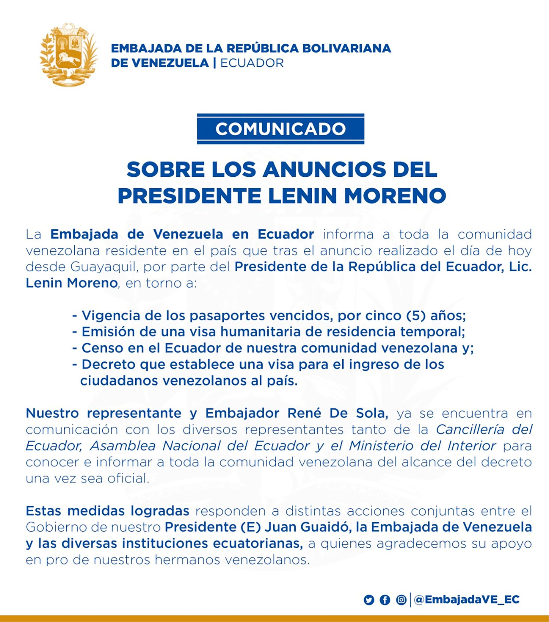 Comunicado de la embajada de Venezuela en Ecuador