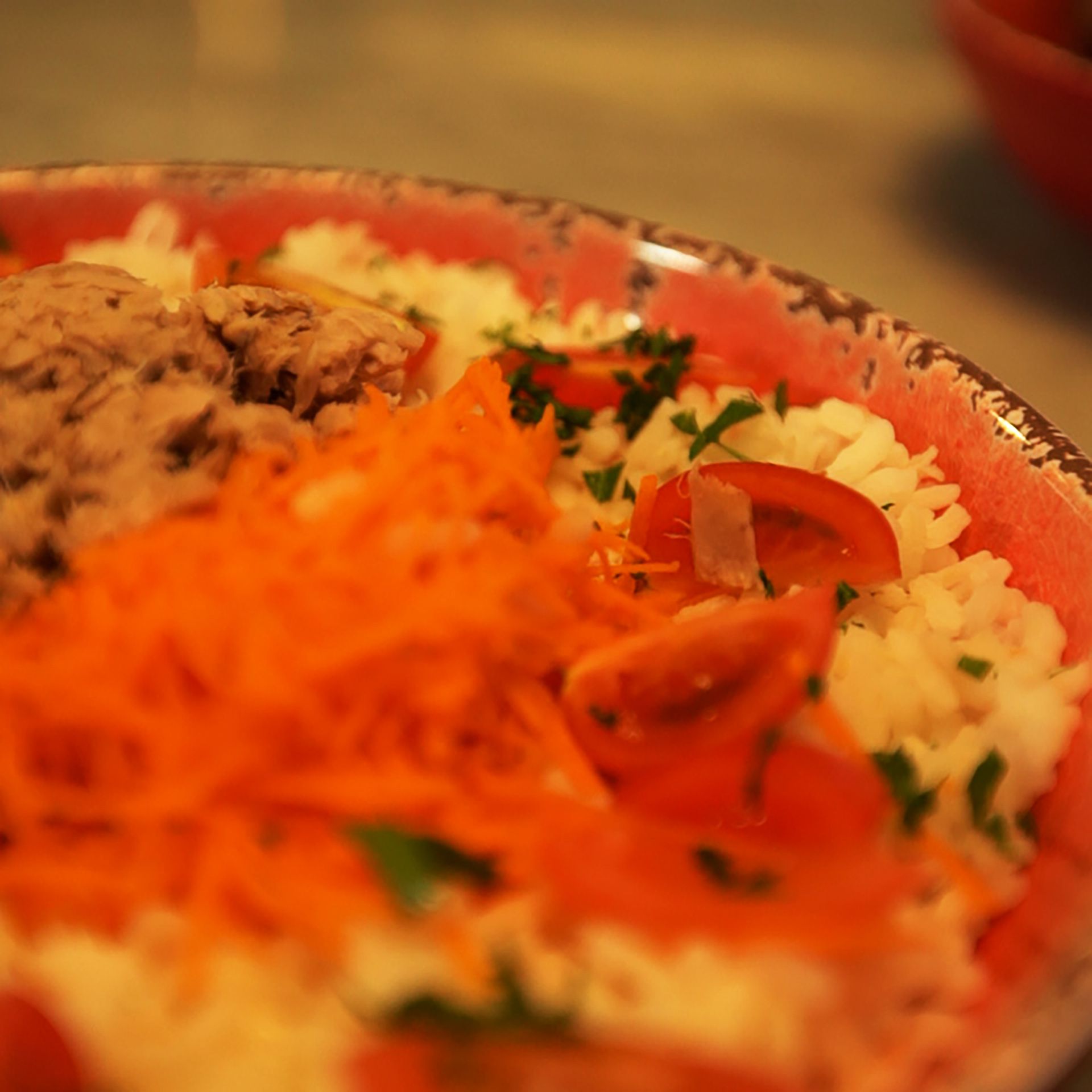 Ensalada con atún, arroz tomate y zanahoria