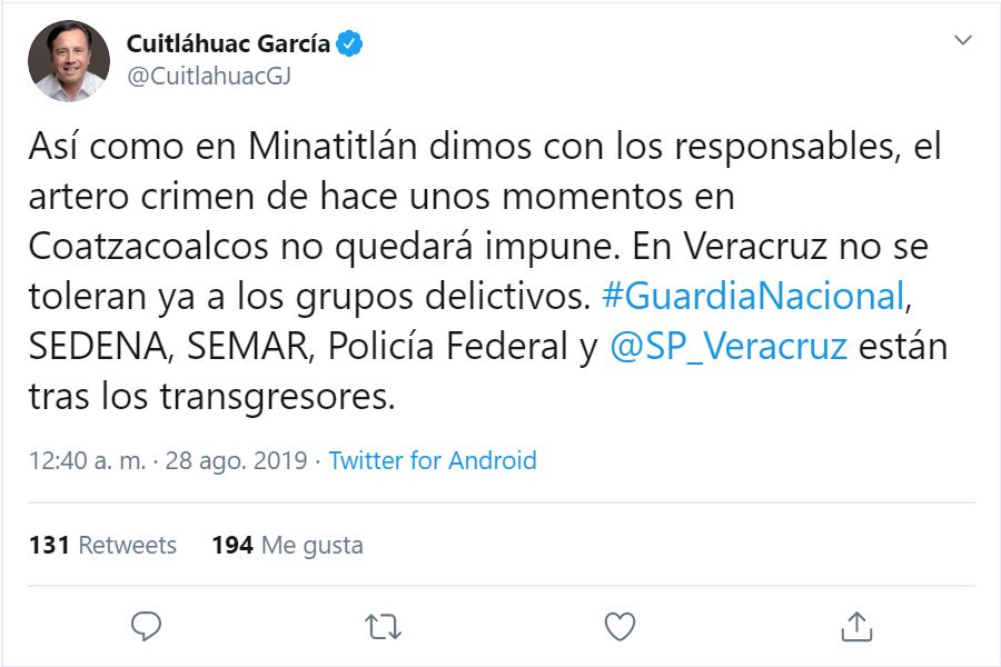 El gobernador de Veracruz, Cuitláhuac García, declaró que no se tolerarán a los grupos delictivos (Foto: Twitter)