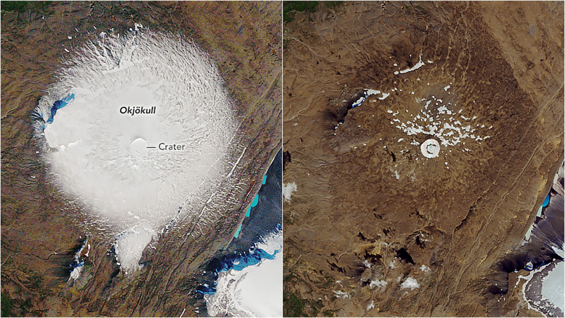 Imágenes de satélite de la NASA del glaciar Ok en septiembre de 1986 (izquierda.) y el pasado 1 de agosto. (AFP)