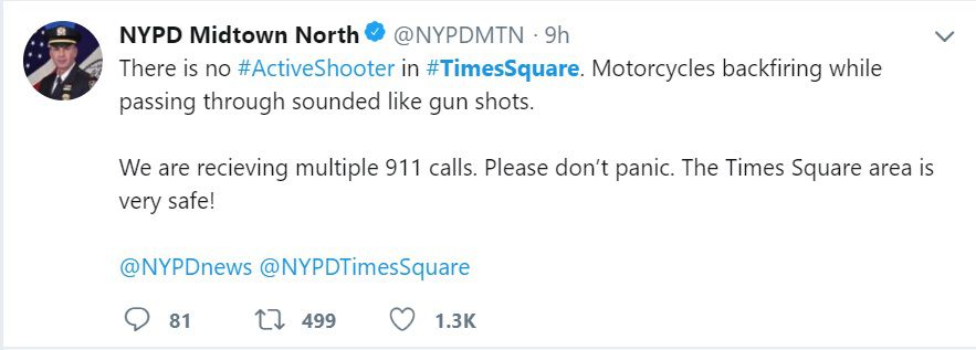 La Policía de Nueva York pidió a los ciudadanos y turistas no caer presas del pánico y recordó que la zona de Times Square es muy segura (Foto: Twitter)