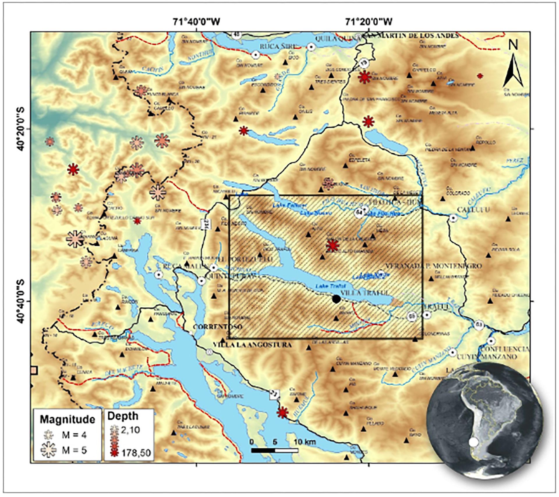 En el recuadro se encuentra la zona analizada en el estudio. Los asteriscos representan la profundidad y la magnitud de la actividad sísmica en cada punto.