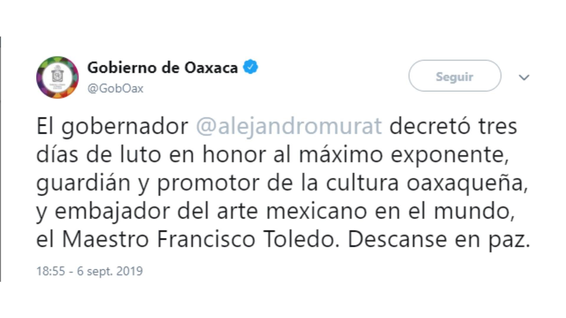 En las próximas horas, le gobierno de Oaxa anunciará qué actividades llevará a cabo para despedir a su mayor artista (Foto: Twitter)
