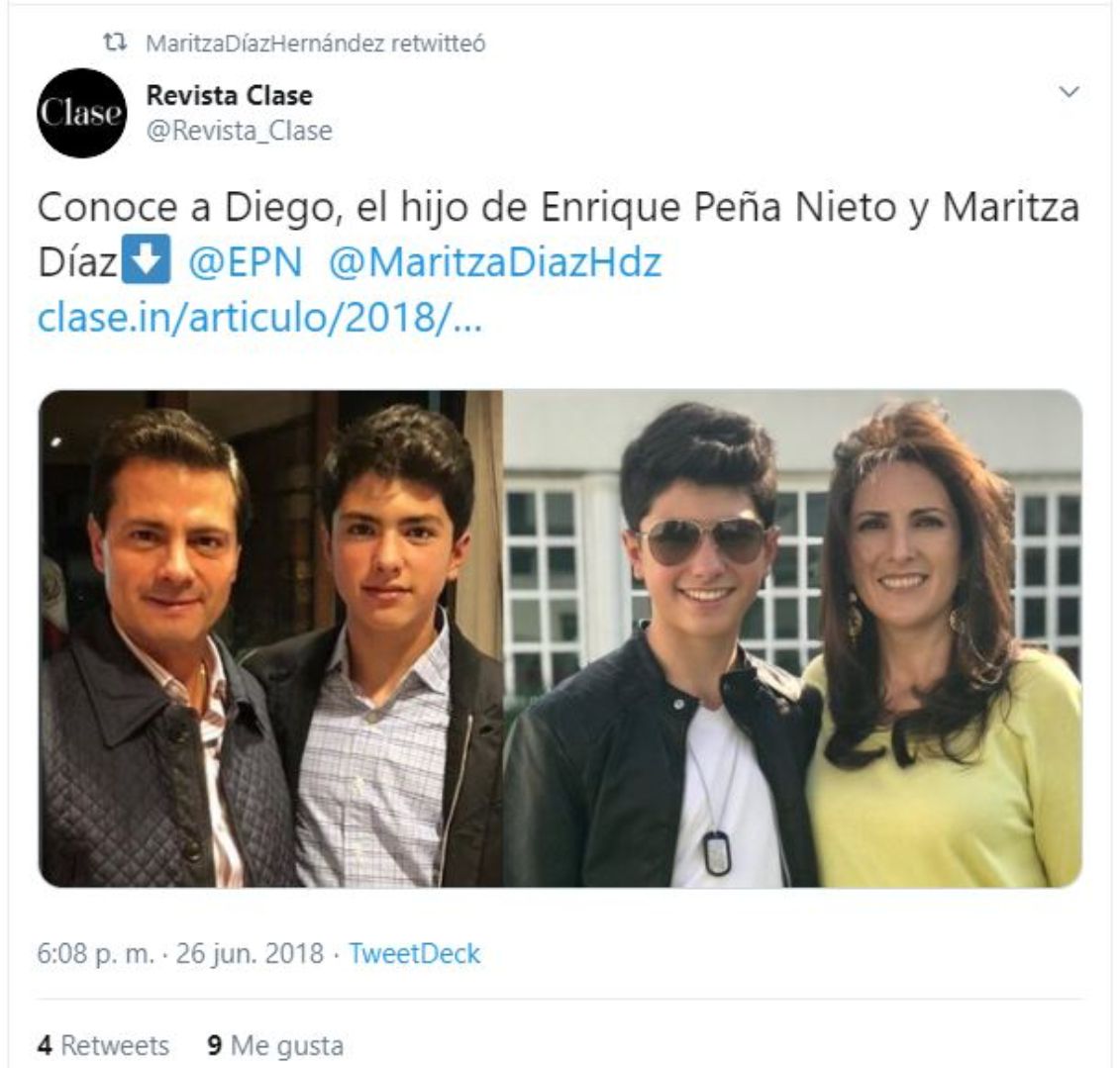 Diego Peña Díaz, junto a sus padres Maritza Díaz y Enrique Peña Nieto. (Foto: @MaritzaDiazHdz)
