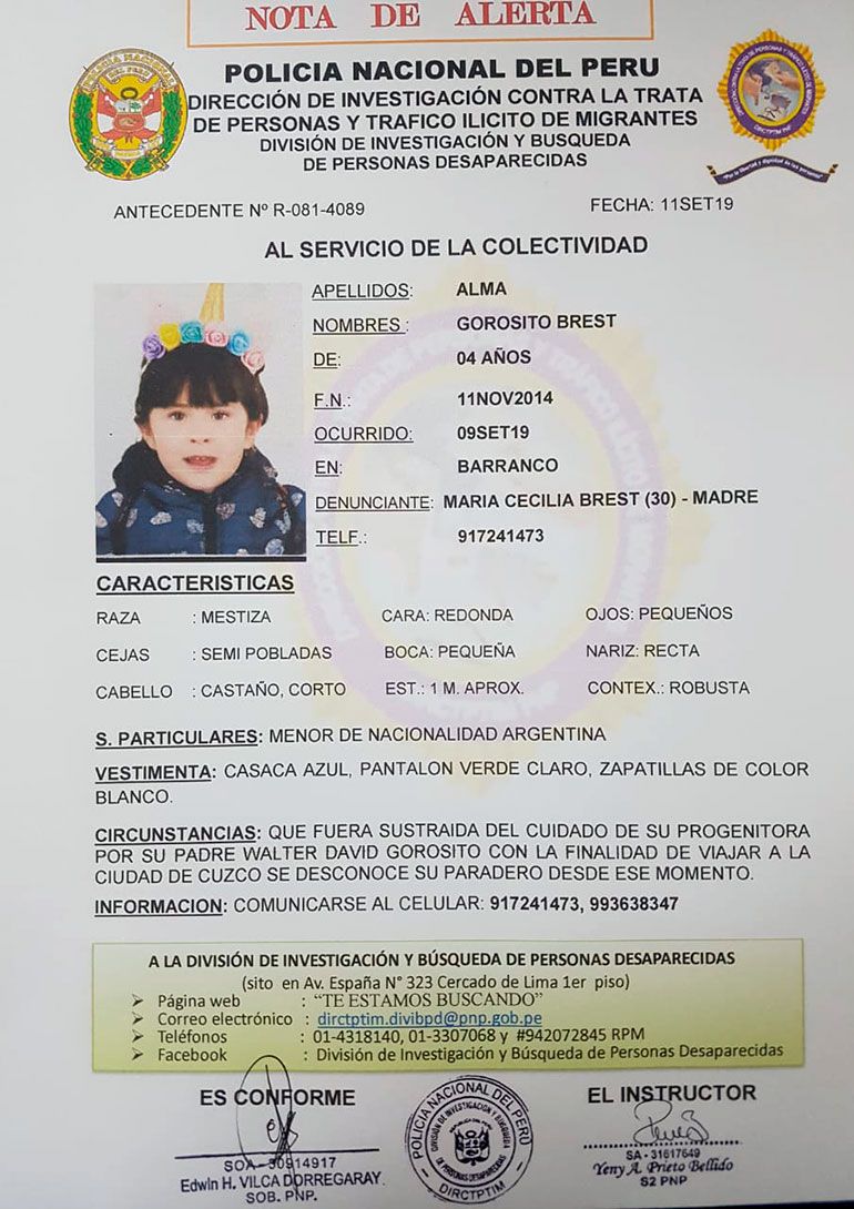 El alerta emitido por la Policía Nacional del Perú