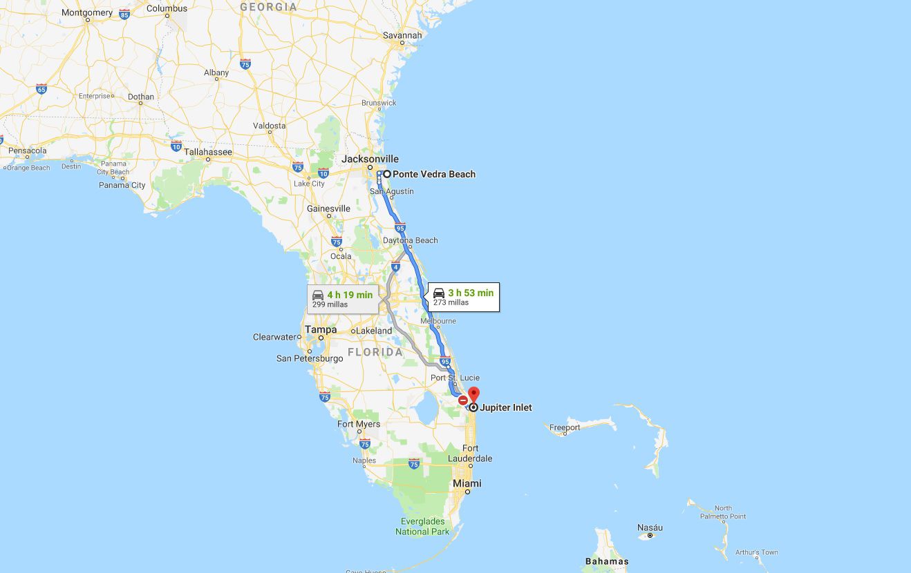 El Centro Nacional de Huracanes con sede en Miami emitió un “aviso de huracán” para las zonas situadas entre Jupiter Inlet y Ponte Vedra Beach (Foto: Google Maps)