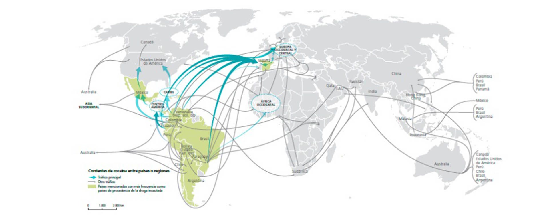 Las rutas del tráfico de cocaína entre países y regiones