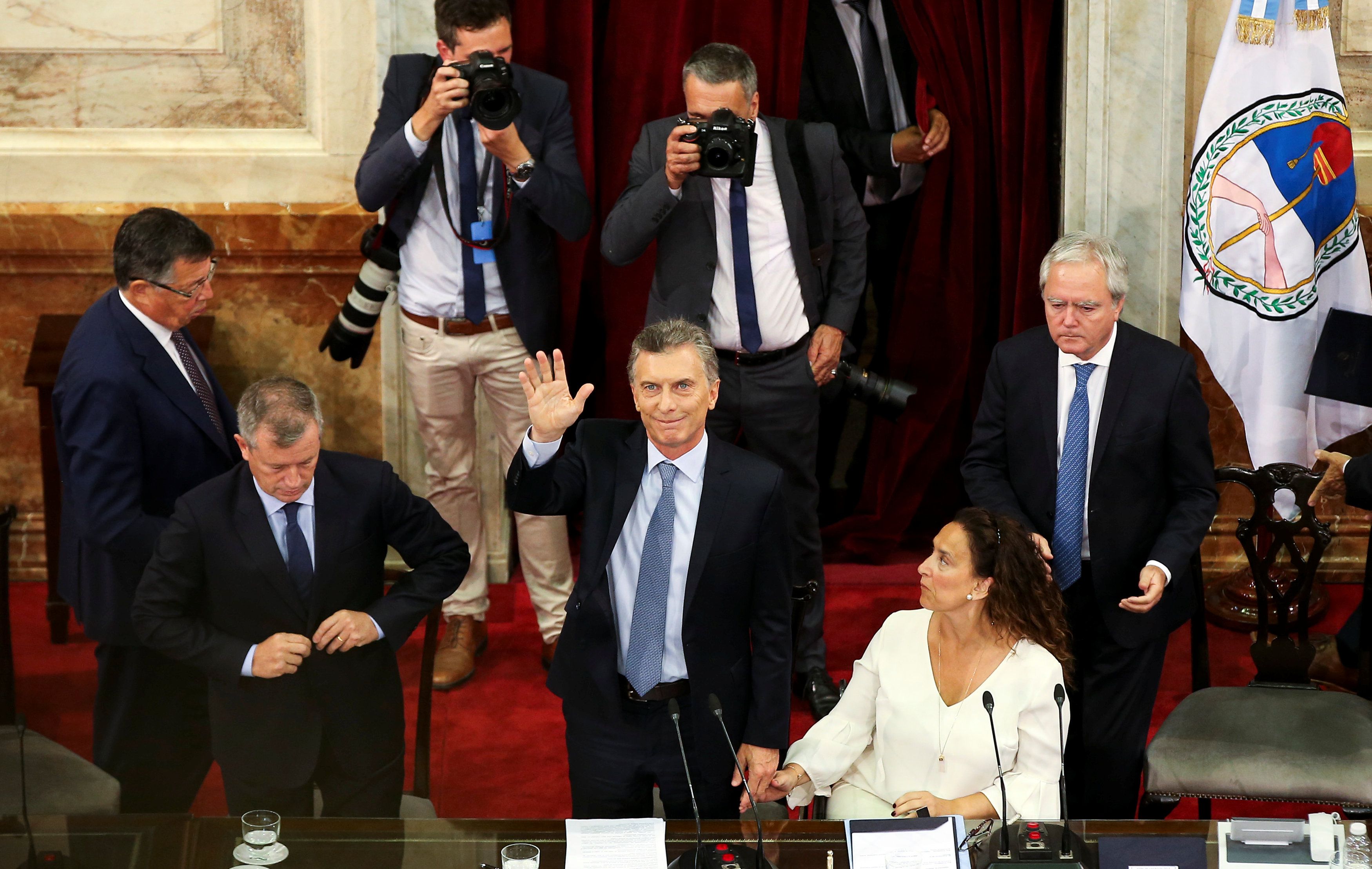 Mauricio Macri, Emilio Monzó y Gabriela Michetti, en la última apertura de sesiones del Congreso (Reuters)