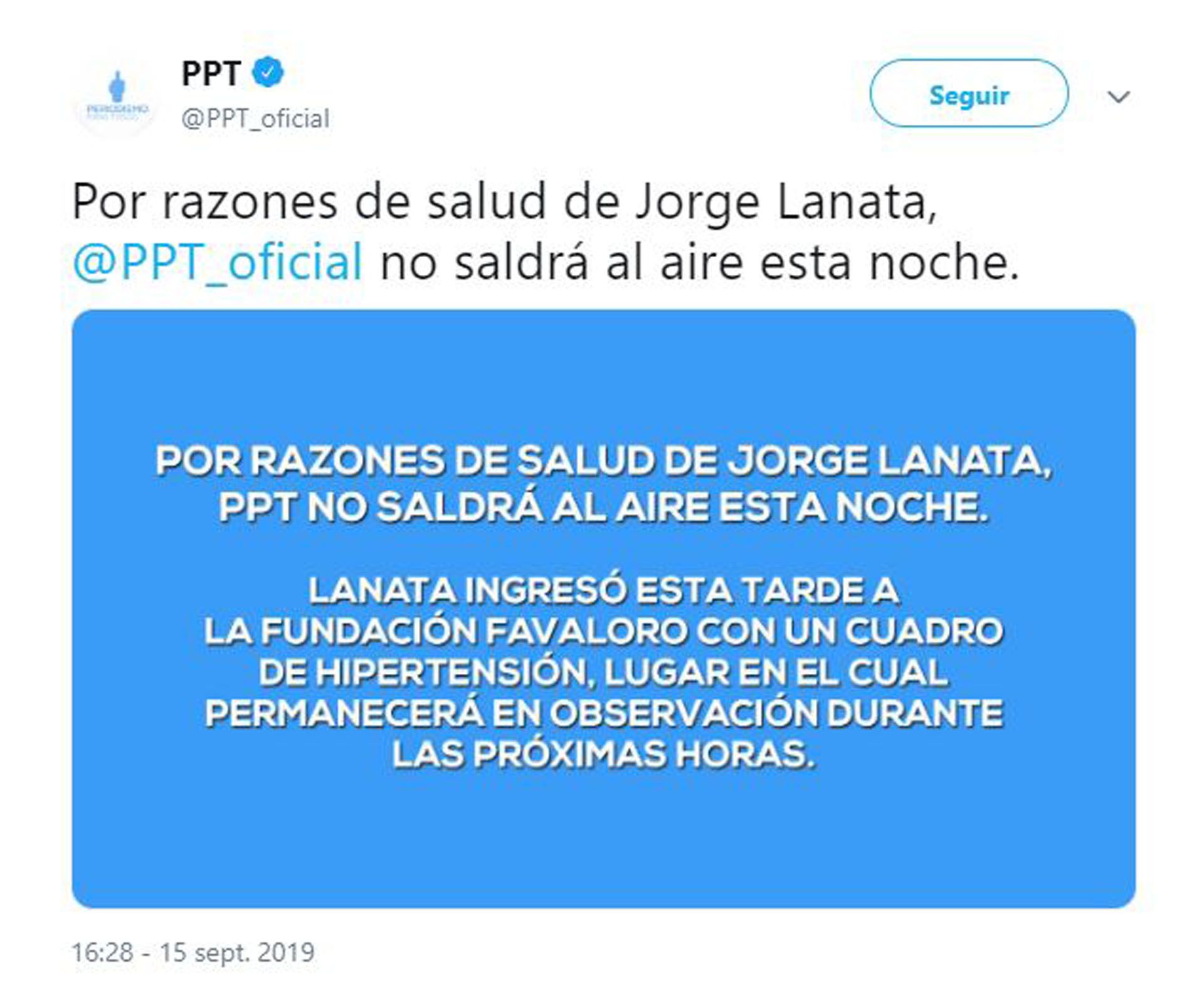 El mensaje de “PPT” sobre la salud de Jorge Lanata (Foto: Twitter)