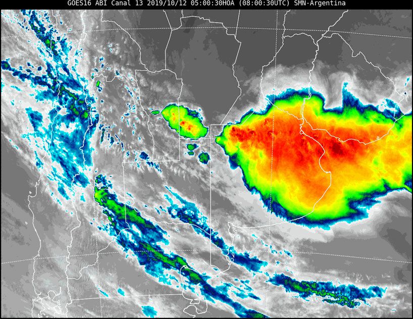Imagen satelital del SMN sobre las precipitaciones en la región central durante la madrugada del sábado (smn.gob.ar)