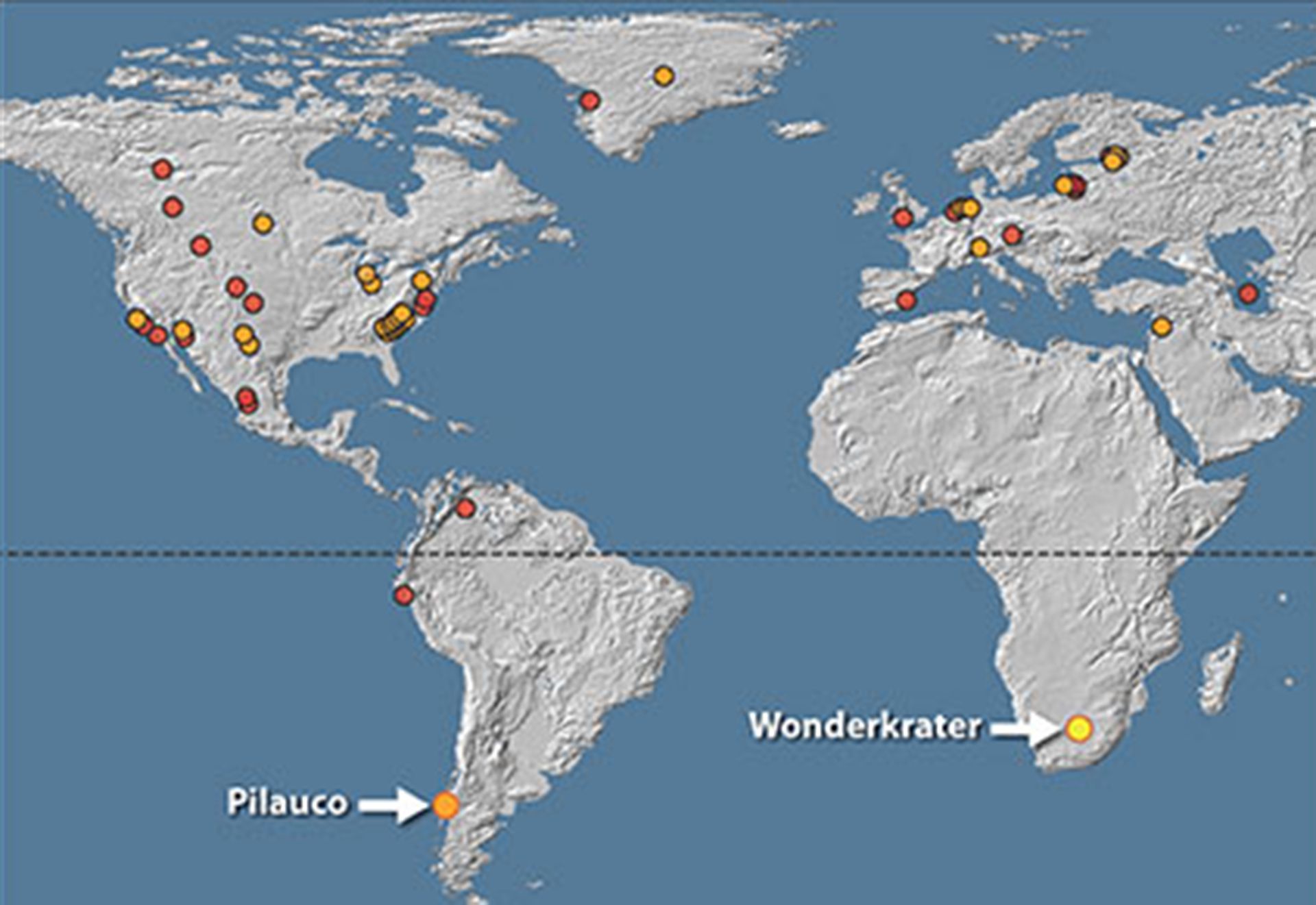 Mapa de los lugares donde hubo impactos de asteroides. El Wonderkrater queda en la actual Sudáfrica. (Crédito: Wits University)