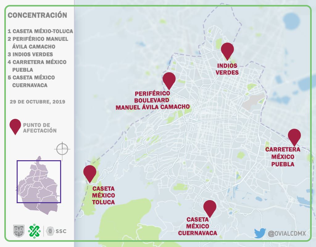 El mapa de los bloqueos que realizará la Amotac, difundido por la Secretaría de Seguridad Ciudadana de la CDMX (Foto: Twitter @OVIAL_SSCCDMX)