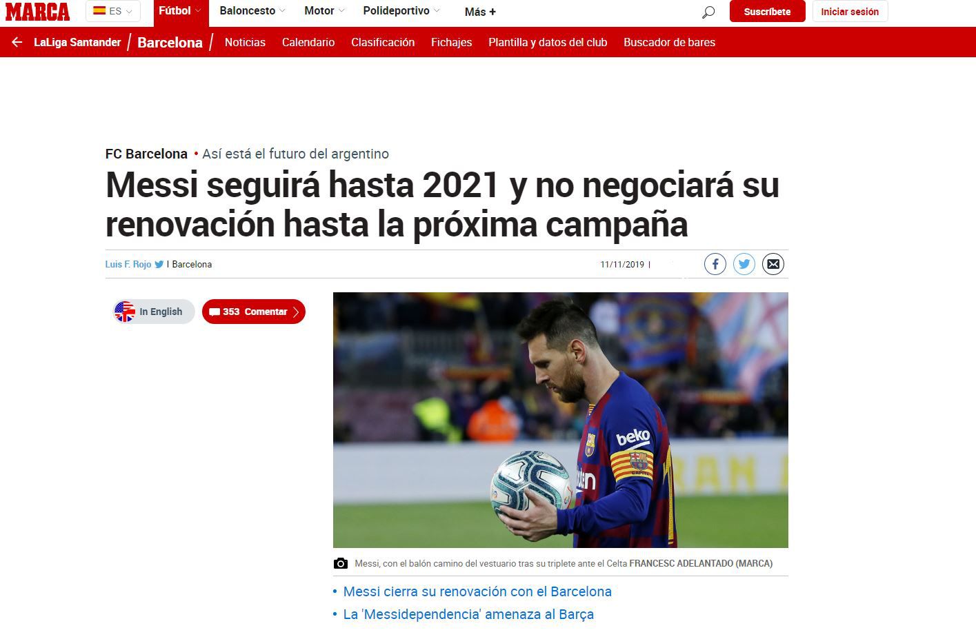Captura del artículo del Diario Marca sobre el futuro de Lionel Messi