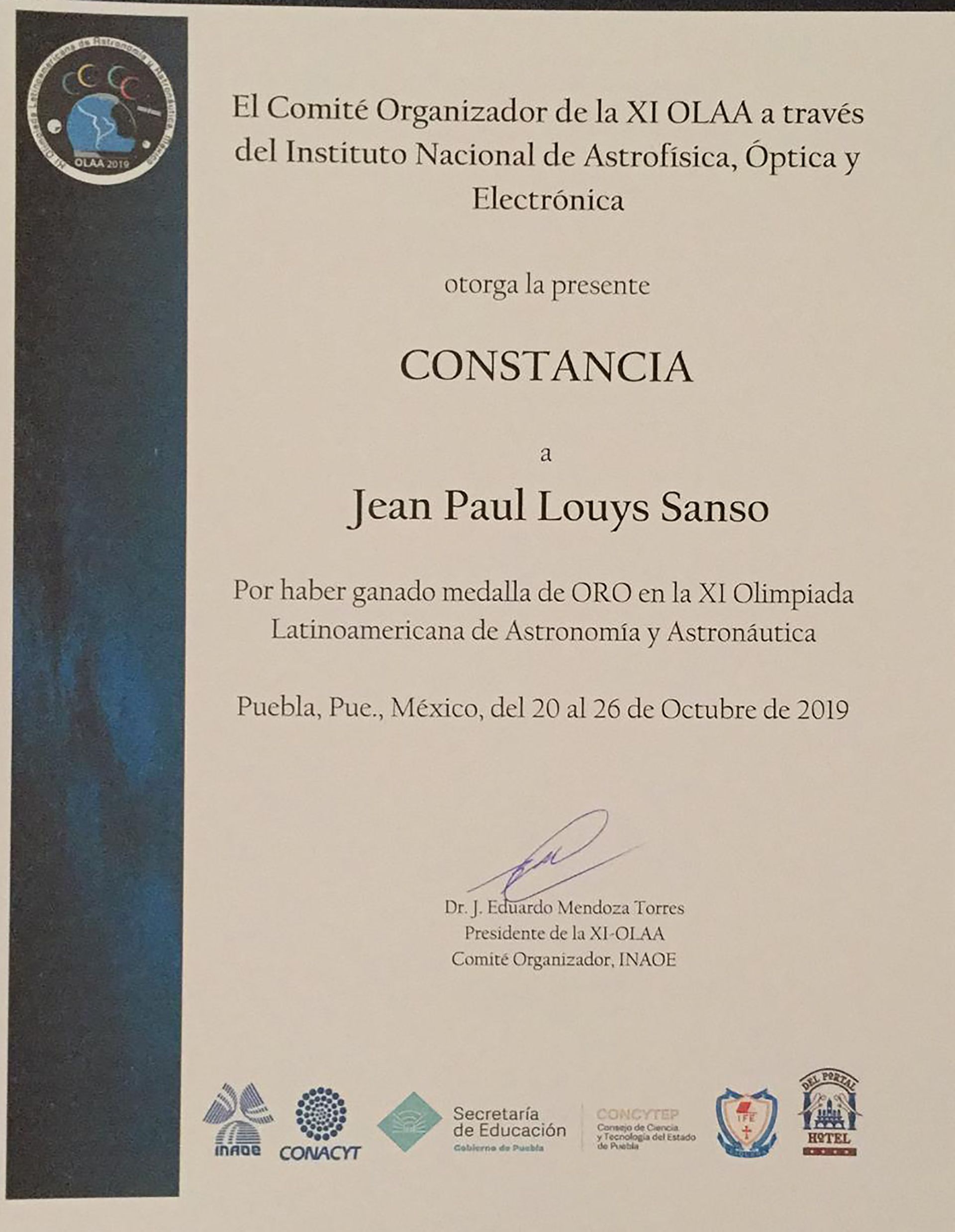 El certificado obtenido por Jean Paul Louys