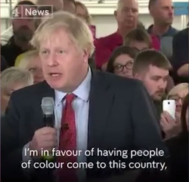 Boris Johnson en su discurso sobre inmigración en Derbyshire que fue "malinterpretado" por Channel 4 News, a una semana de unas elecciones clave para el Reino Unido (Channel 4 News)