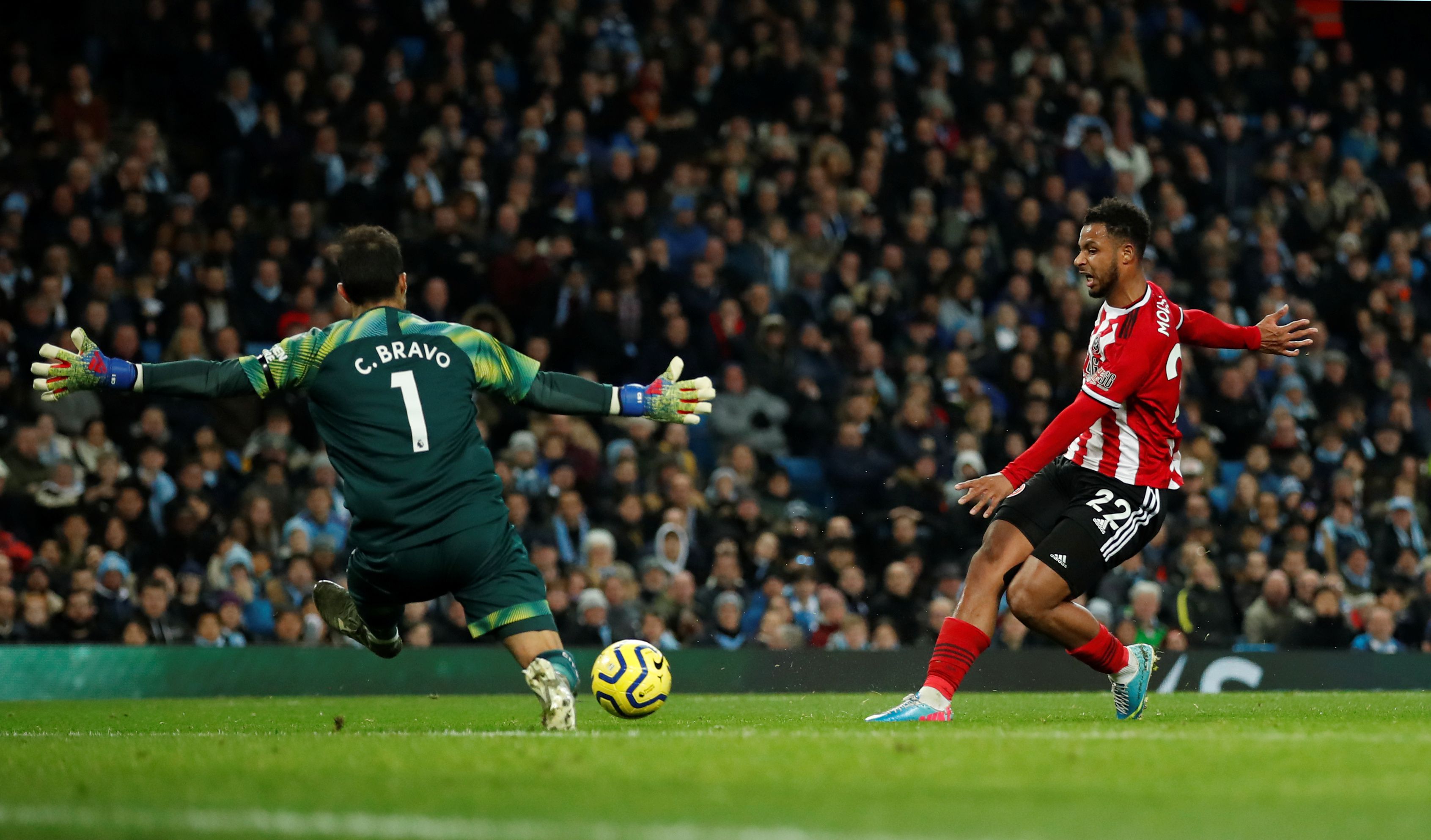Soccer Football - Premier League - Manchester City v Sheffield United - Etihad Stadium, Manchester, Britain - December 29, 2019 Sheffield United's Lys Mousset scores a goal which is then disallowed Action Images via Reuters/Andrew Boyers EDITORIAL USE ONLY. No use with unauthorized audio, video, data, fixture lists, club/league logos or "live" services. Online in-match use limited to 75 images, no video emulation. No use in betting, games or single club/league/player publications. Please contact your account representative for further details.