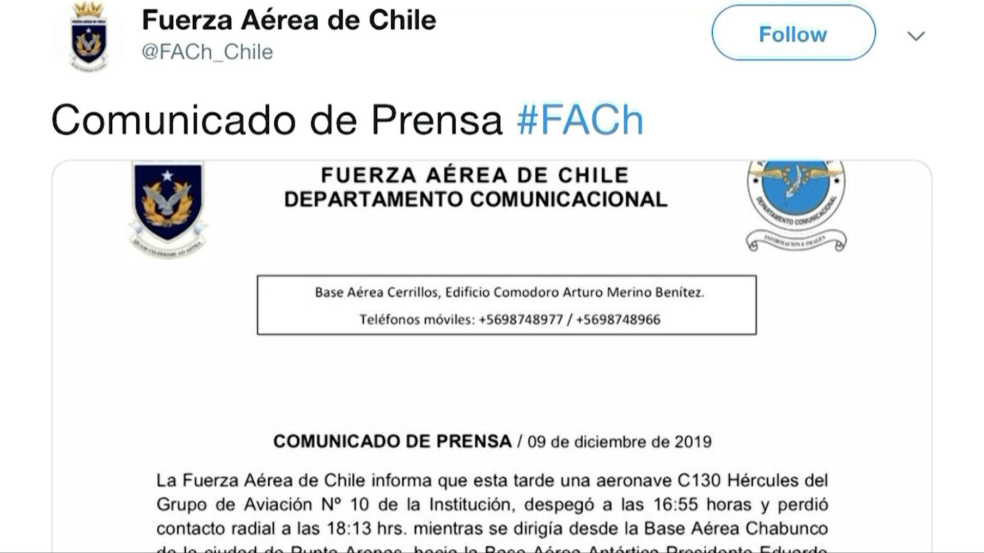 Avión militar chileno C130 con 38 personas a bordo fue declarado “siniestrado” tras perder “comunicación radial" el lunes luego de salir de la ciudad de Punta Arenas, en el extremo austral de Chile, con destino a una base en la Antártida.