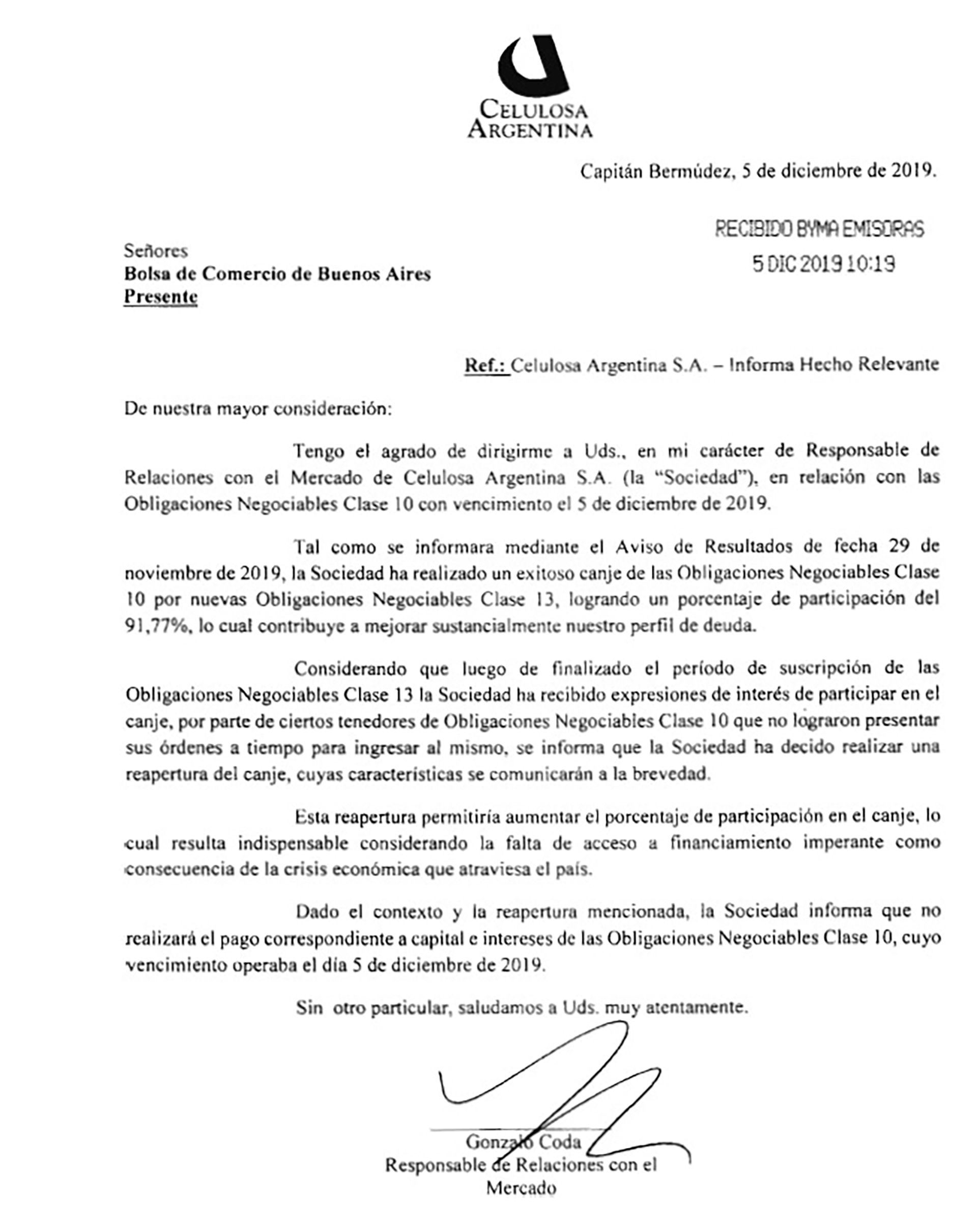 La notificación de Celulosa Argentina a la Bolsa de Comercio