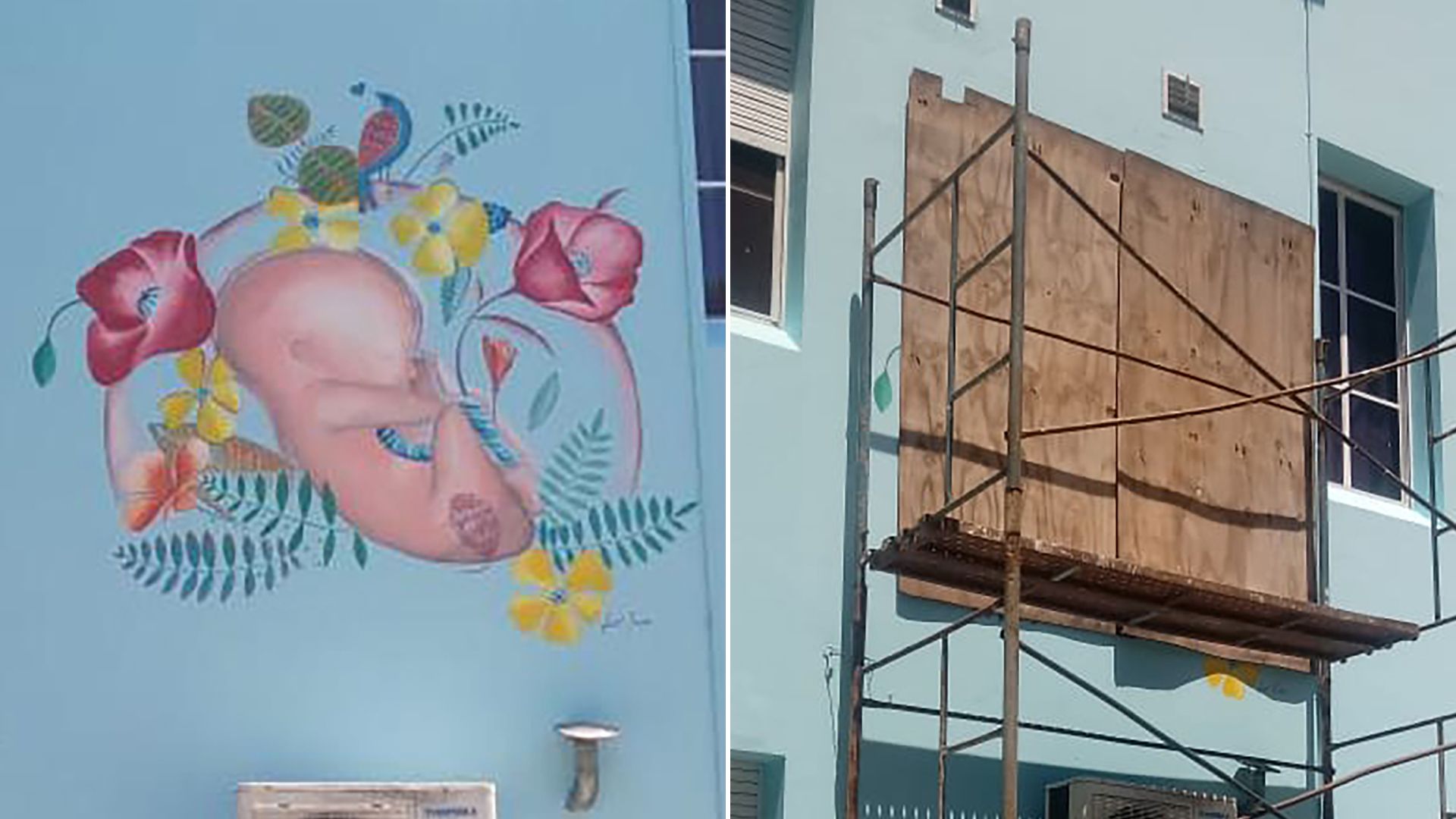 A la izquierda, el mural pintado por Liset Feider; a la derecha, el tablón con el que fue cubierto por presión de los grupos que promueven la legalización del aborto