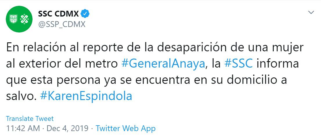 La Secretaría de Seguridad Ciudadana de la Ciudad de México confirmó que Karen Espíndola fue encontrada con vida (Foto: Twitter)