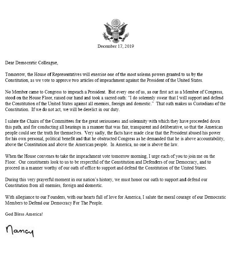 La carta de Nancy Pelosi de este martes 17 de diciembre
