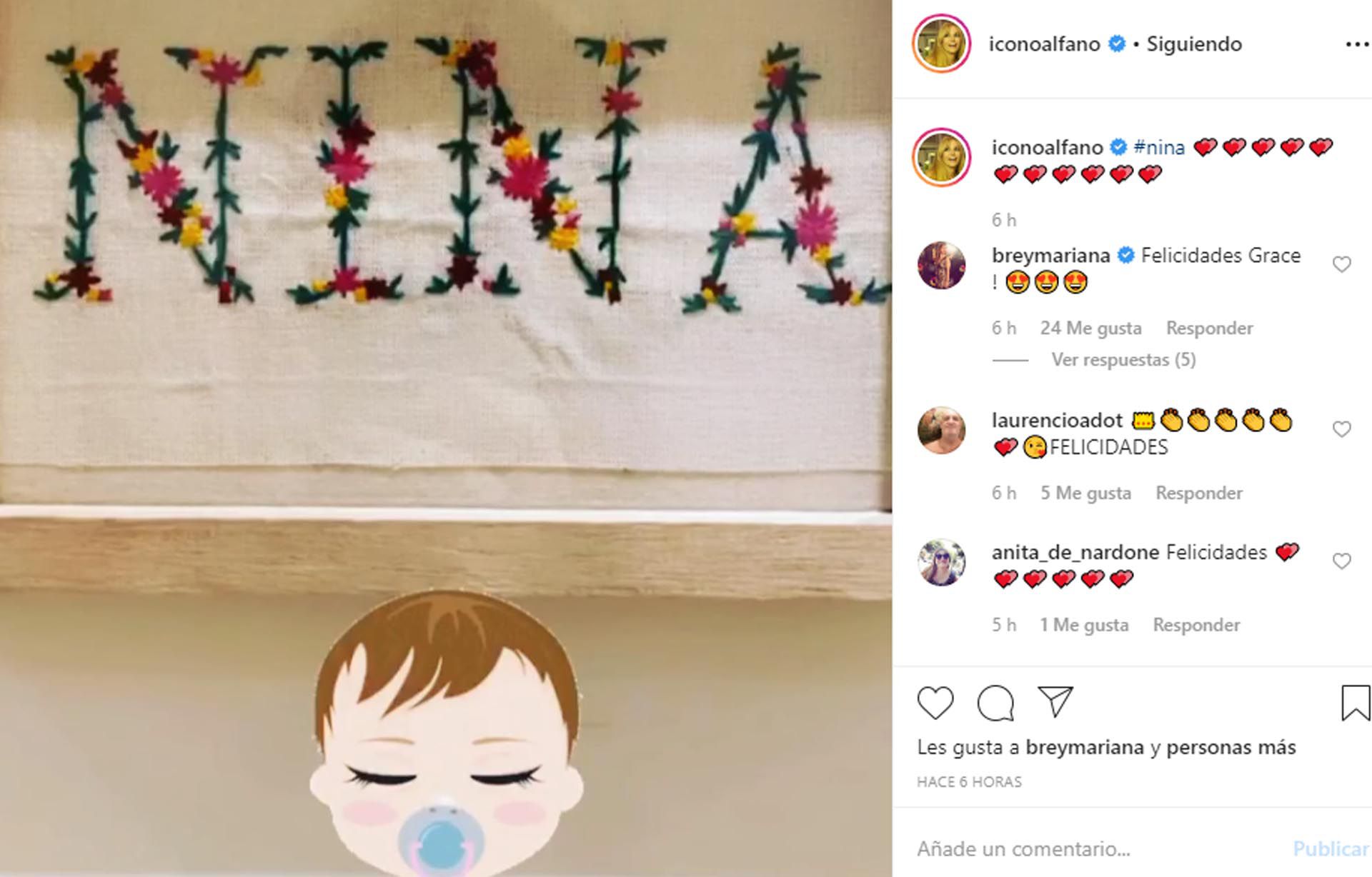 La palabra Nina y los emojis de corazones, todo un símbolo de lo que representa el nacimiento de su primera nieta para Graciela 
