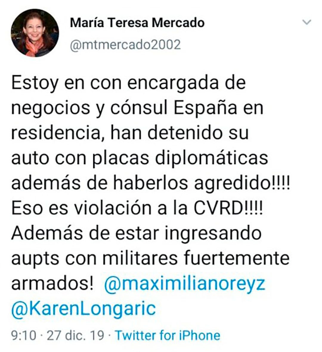 Tuit borrado de la Embajadora de México en Bolivia 