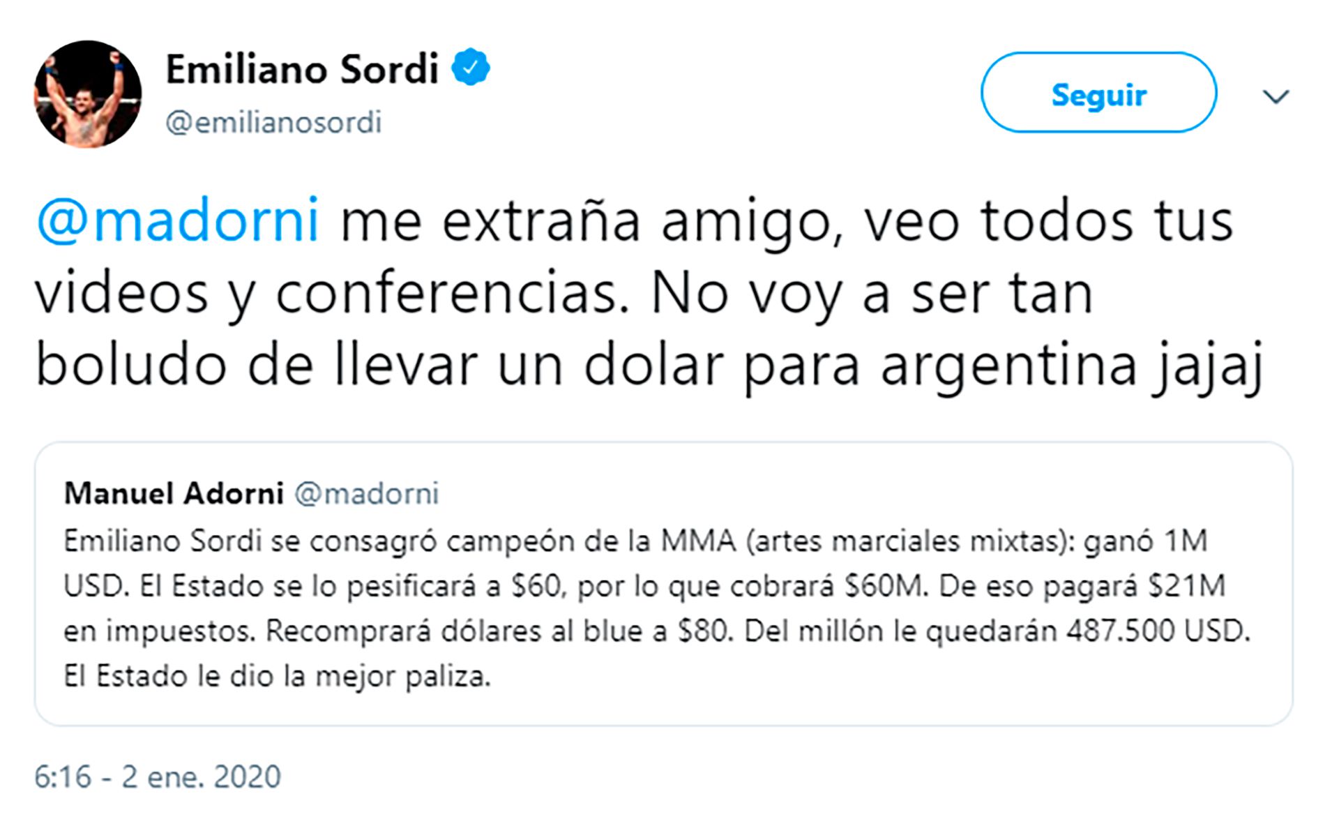 El tuit de Emiliano Sordi