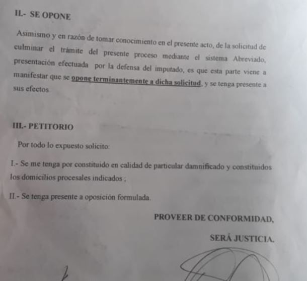 El escrito presentado por Irineo y Ana Rinaldi para oponerse al juicio abreviado.