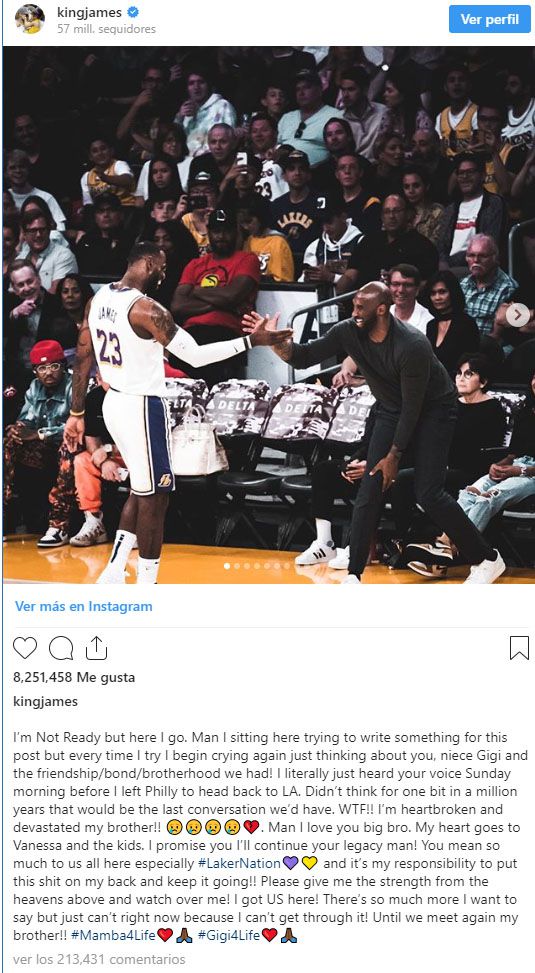 El posteo que hizo LeBron James sobre su amigo Kobe Bryant.